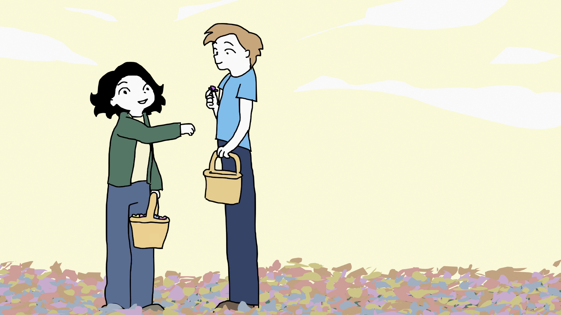 A drawing depicting person handing a purple flower to another person who looks happy.